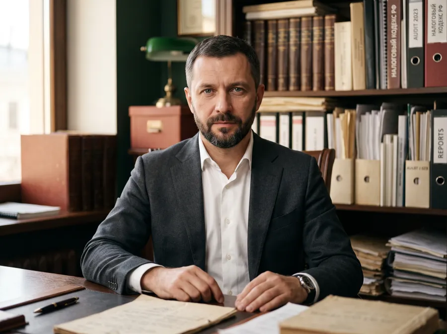 Дмитрий Ветров, налоговый консультант, в кабинете с подшивками деклараций и Налоговым кодексом