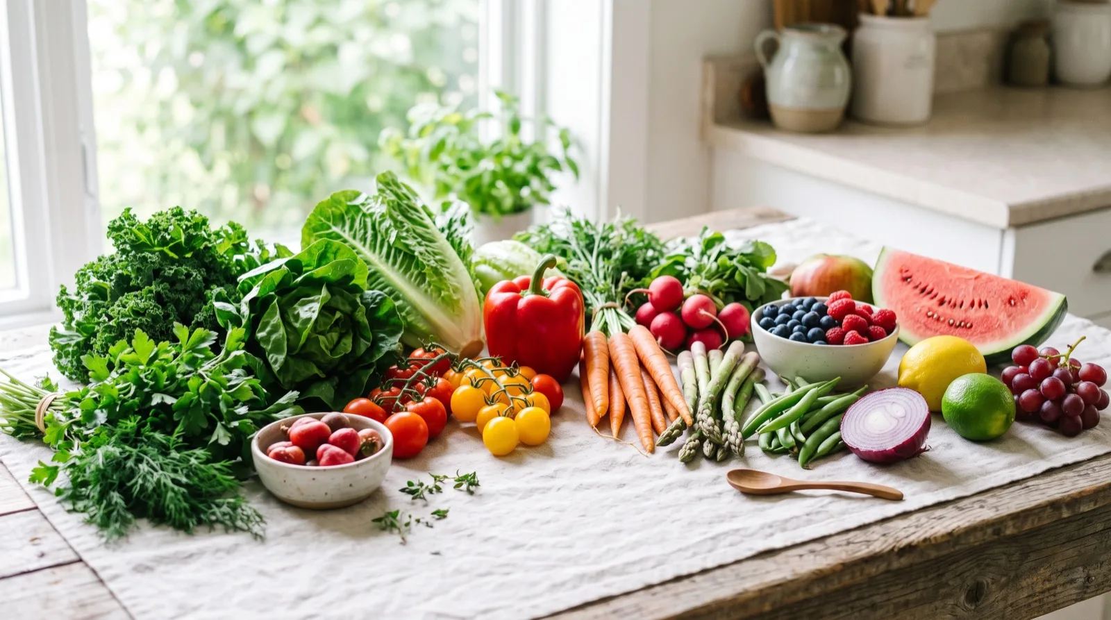 Свежие продукты для рационов: зелень, овощи, фермерское мясо и рыба, разложенные для готовки