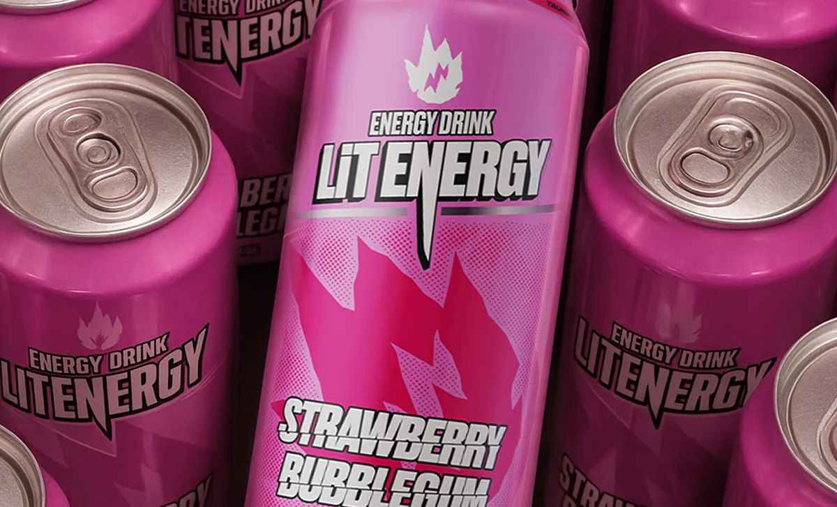 Розовые банки LIT Energy Клубничная жвачка крупным планом